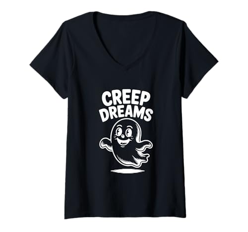 Damen Creep Dreams Geisterhafte Halloween-Vibes T-Shirt mit V-Ausschnitt Damen Creep Dreams Geisterhafte Halloween-Vibes T-Shirt mit V-Ausschnitt von Spooky Season Apparel for Halloween Lovers