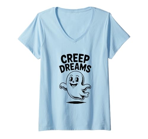 Damen Creep Dreams Geisterhafte Halloween-Vibes T-Shirt mit V-Ausschnitt Damen Creep Dreams Geisterhafte Halloween-Vibes T-Shirt mit V-Ausschnitt von Spooky Season Apparel for Halloween Lovers