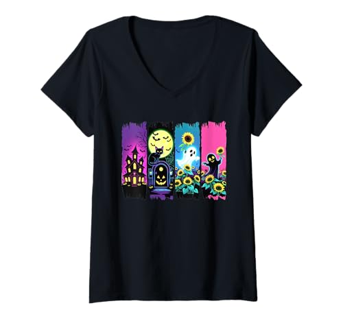 Damen Buntes Halloween-Geister und Sonnenblumen-Design mit Pinselstrich T-Shirt mit V-Ausschnitt Damen Buntes Halloween-Geister und Sonnenblumen-Design mit Pinselstrich T-Shirt mit V-Ausschnitt von Spooky Season Apparel