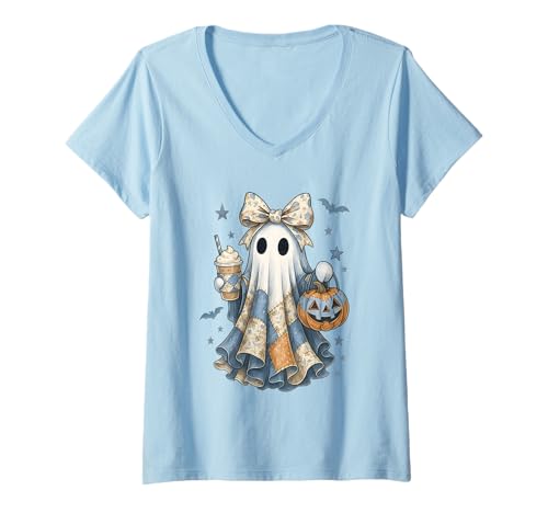 Damen Halloween Patchwork Ghost Coquette Boo Shirt Cute Fall Women T-Shirt mit V-Ausschnitt von Spooky Season Coquette Bow Patchwork Ghost NS