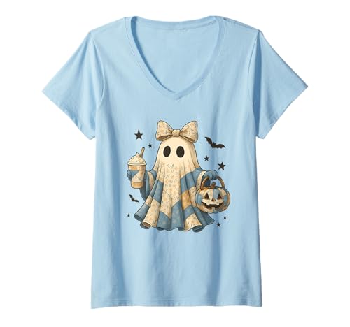 Damen Halloween Patchwork Ghost Coquette Boo Shirt Cute Fall Women T-Shirt mit V-Ausschnitt von Spooky Season Coquette Bow Patchwork Ghost NS