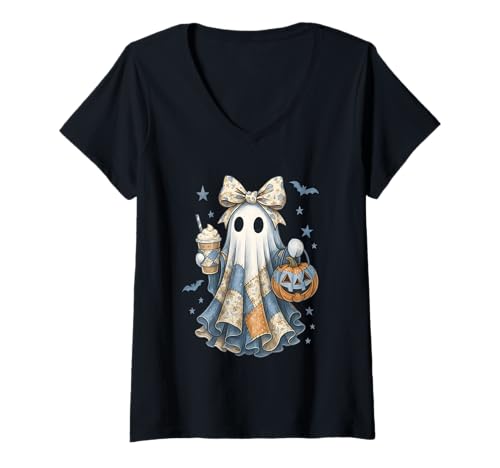 Damen Halloween Patchwork Ghost Coquette Boo Shirt Cute Fall Women T-Shirt mit V-Ausschnitt von Spooky Season Coquette Bow Patchwork Ghost NS