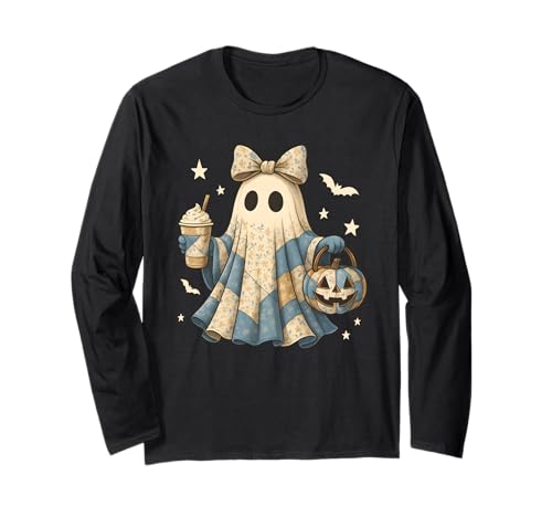 Halloween Patchwork Ghost Coquette Boo Shirt Cute Fall Women Langarmshirt von Spooky Season Coquette Bow Patchwork Ghost NS