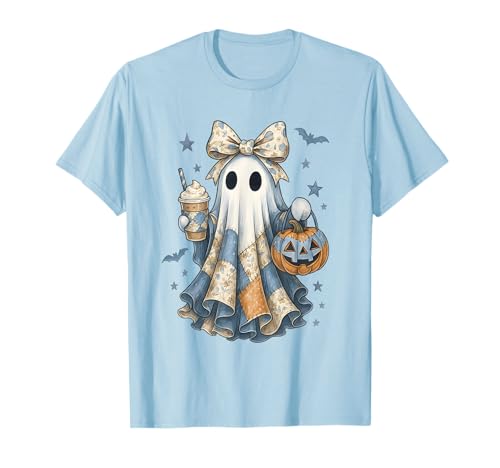 Halloween Patchwork Ghost Coquette Boo Shirt Cute Fall Women T-Shirt von Spooky Season Coquette Bow Patchwork Ghost NS