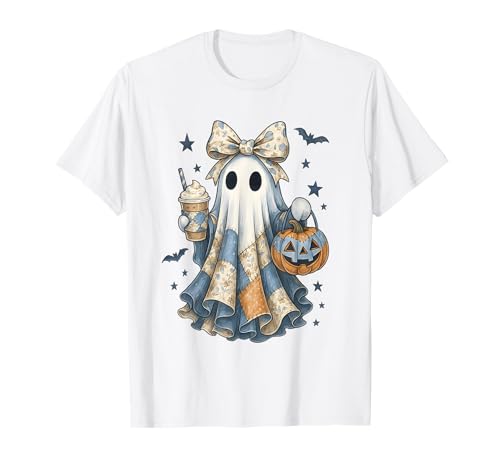 Halloween Patchwork Ghost Coquette Boo Shirt Cute Fall Women T-Shirt von Spooky Season Coquette Bow Patchwork Ghost NS