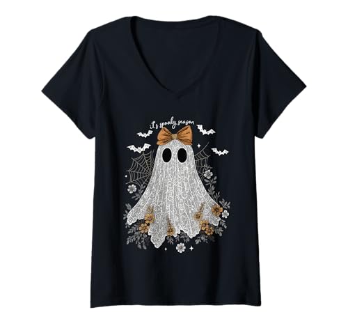 Damen Coquette-Schleife Spitzengeist Halloween Cottagecore T-Shirt mit V-Ausschnitt Damen Coquette-Schleife Spitzengeist Halloween Cottagecore T-Shirt mit V-Ausschnitt von Spooky Season Coquette Halloween for Haunted Girls