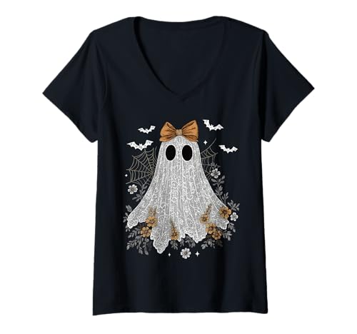 Damen Coquette-Schleife Spitzengeist Halloween Cottagecore T-Shirt mit V-Ausschnitt Damen Coquette-Schleife Spitzengeist Halloween Cottagecore T-Shirt mit V-Ausschnitt von Spooky Season Coquette Halloween for Haunted Girls
