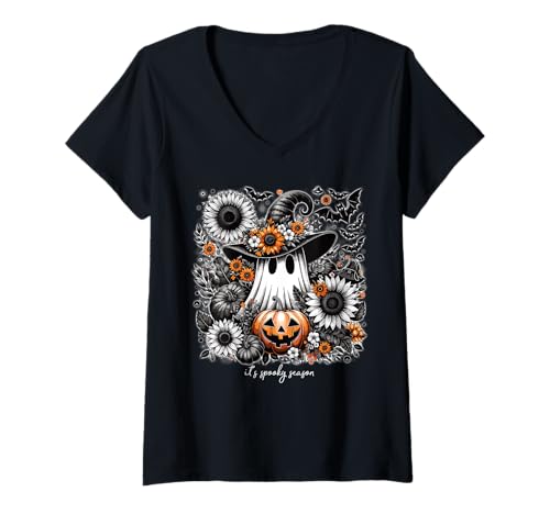 Damen Geister-Hexenhut-Kürbisse Blumen-Cottagecore-Halloween T-Shirt mit V-Ausschnitt Damen Geister-Hexenhut-Kürbisse Blumen-Cottagecore-Halloween T-Shirt mit V-Ausschnitt von Spooky Season Coquette Halloween for Haunted Girls