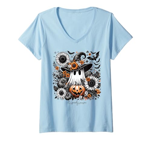 Damen Geister-Hexenhut-Kürbisse Blumen-Cottagecore-Halloween T-Shirt mit V-Ausschnitt Damen Geister-Hexenhut-Kürbisse Blumen-Cottagecore-Halloween T-Shirt mit V-Ausschnitt von Spooky Season Coquette Halloween for Haunted Girls