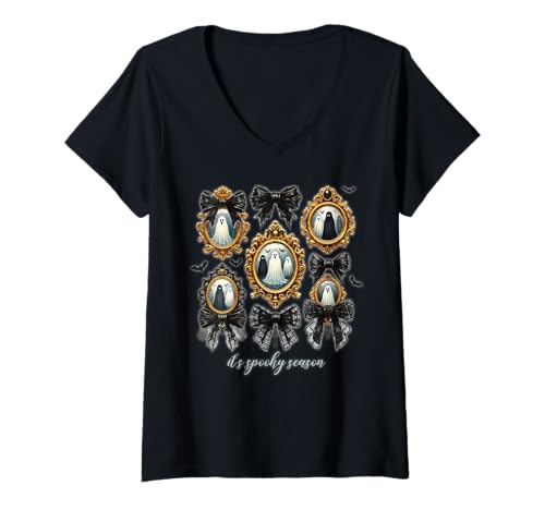 Damen Halloween-Geister Schwarze Spitzen Viktorianischer Gothic T-Shirt mit V-Ausschnitt Damen Halloween-Geister Schwarze Spitzen Viktorianischer Gothic T-Shirt mit V-Ausschnitt von Spooky Season Coquette Halloween for Haunted Girls