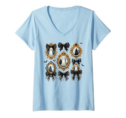 Damen Halloween-Geister Schwarze Spitzen Viktorianischer Gothic T-Shirt mit V-Ausschnitt Damen Halloween-Geister Schwarze Spitzen Viktorianischer Gothic T-Shirt mit V-Ausschnitt von Spooky Season Coquette Halloween for Haunted Girls