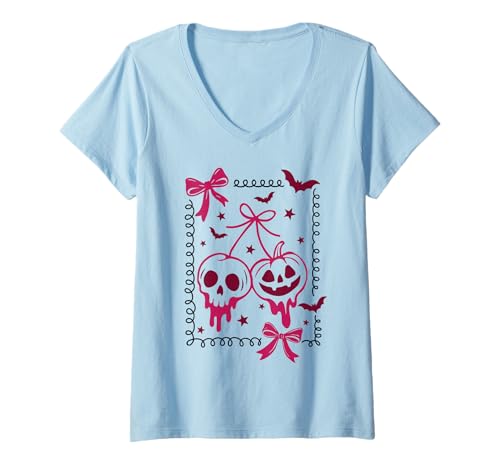 Damen Kokette Kirschen Rosa Schleifen Totenkopf Halloween-Stempel T-Shirt mit V-Ausschnitt Damen Kokette Kirschen Rosa Schleifen Totenkopf Halloween-Stempel T-Shirt mit V-Ausschnitt von Spooky Season Coquette Halloween for Haunted Girls