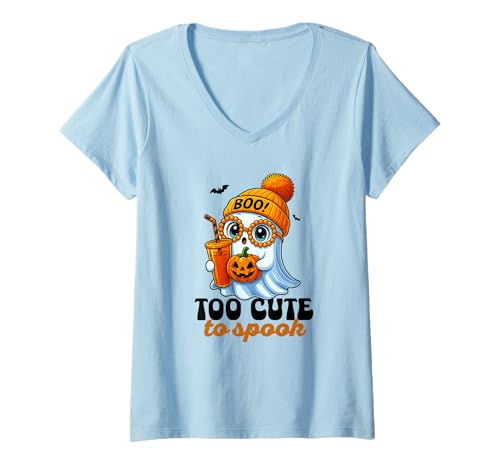 Damen Halloween-Kunst mit Geisterkürbis-Drink, zu niedlich, um einen Kawaii zu T-Shirt mit V-Ausschnitt Damen Halloween-Kunst mit Geisterkürbis-Drink, zu niedlich, um einen Kawaii zu T-Shirt mit V-Ausschnitt von Spooky Season Cute Ghost Halloween Design