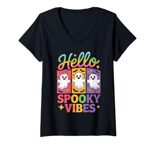 Damen Retro Cute Ghost Hello Spooky Vibes Funny Halloween Girly T-Shirt mit V-Ausschnitt von Spooky Season Funny Halloween For Girl Women