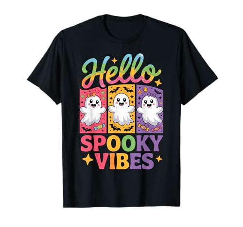 Retro Cute Ghost Hello Spooky Vibes Funny Halloween Girly T-Shirt von Spooky Season Funny Halloween For Girl Women