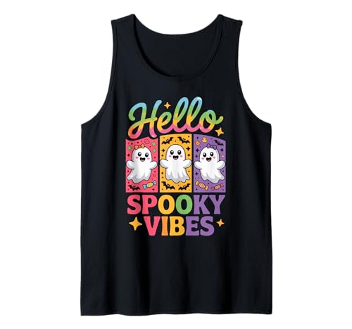Retro Cute Ghost Hello Spooky Vibes Funny Halloween Girly Tank Top von Spooky Season Funny Halloween For Girl Women