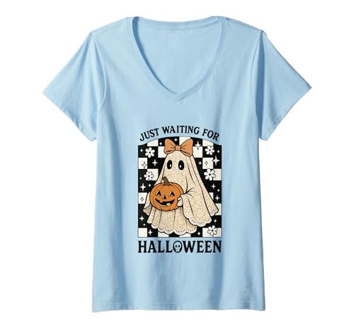 Damen Ich warte nur auf den Halloween-Geisterkürbis T-Shirt mit V-Ausschnitt Damen Ich warte nur auf den Halloween-Geisterkürbis T-Shirt mit V-Ausschnitt von Spooky Season Ghost Pumpkin Fun Waiting