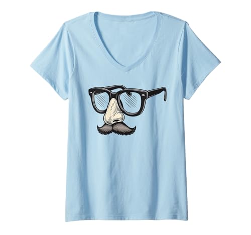 Damen Lustige Verkleidung Fake Brille Nase Schnurrbart - Kostüm Neuheit T-Shirt mit V-Ausschnitt von Spooky Season Gifts & Gear