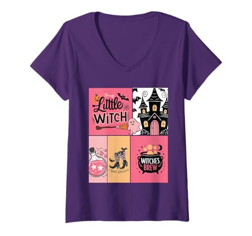 Damen Spooky Season Panels für Damen, kleine Hexe T-Shirt mit V-Ausschnitt Damen Spooky Season Panels für Damen, kleine Hexe T-Shirt mit V-Ausschnitt von Spooky Season Girls Panel Top Stamp Design