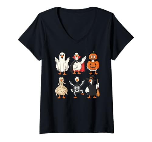 Damen Gruseliges Gans Halloween-Kostüm, lustig, albern, Gänse, Humor T-Shirt mit V-Ausschnitt von Spooky Season Goose Outfits