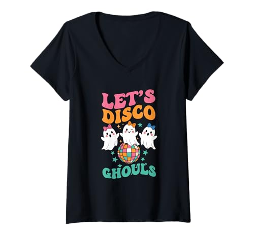 Damen Let's Disco Ghouls, süße Halloween-Discokugel mit Geistern aus den 70ern T-Shirt mit V-Ausschnitt von Spooky Season Halloween Costume Party Apparel