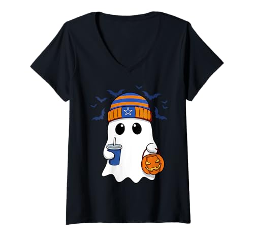 Damen Netter Geister Halloween Spirit Trick oder gruselige Spaß T-Shirt mit V-Ausschnitt von Spooky Season Haunts Collectibles