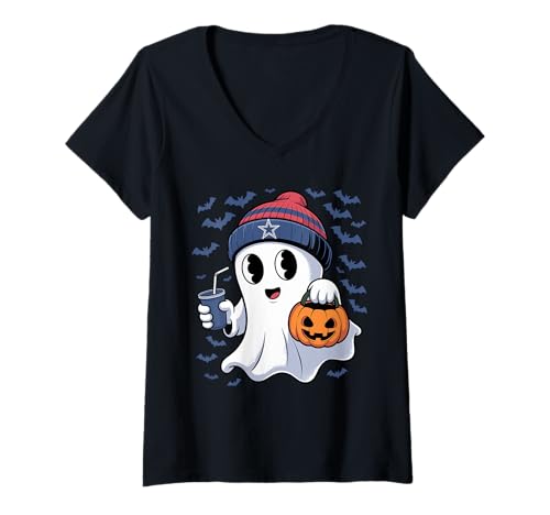 Damen Netter Geister Halloween Spirit Trick oder gruselige Spaß T-Shirt mit V-Ausschnitt von Spooky Season Haunts Collectibles