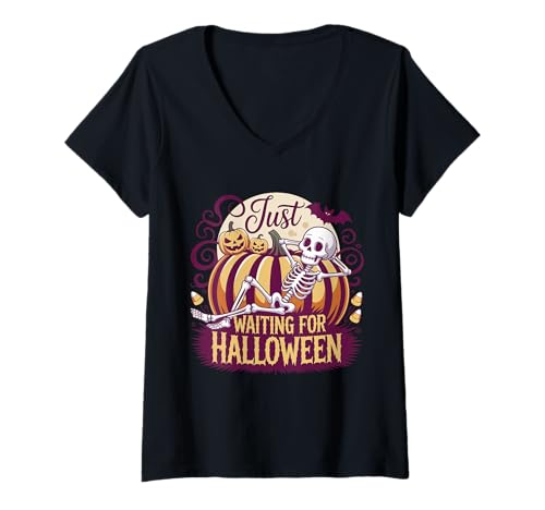 Damen Sommer zwischen Skelett wartet auf Halloween humorvoll T-Shirt mit V-Ausschnitt Damen Sommer zwischen Skelett wartet auf Halloween humorvoll T-Shirt mit V-Ausschnitt von Spooky Season Humor Wearables