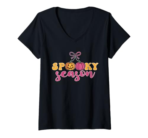 Damen Gruselige Jahreszeit Kürbis Kirschen Halloween Männer Frauen Kinder T-Shirt mit V-Ausschnitt von Spooky Season Pumpkin Cherries Halloween