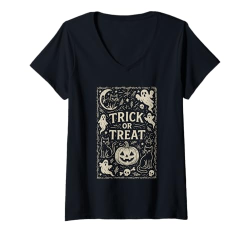 Damen Vintage Trick or Treat Halloween Geister Katzen Kürbisse T-Shirt mit V-Ausschnitt von Spooky Season Retro Merch