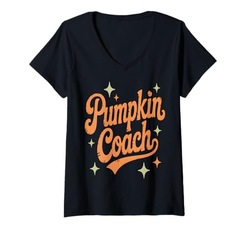 Damen Kürbis Coach Retro Halloween T-Shirt mit V-Ausschnitt von Spooky Season Sports Tees