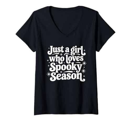 Damen Just a Girl Who Loves Spooky Season Retro Halloween Zitat T-Shirt mit V-Ausschnitt von Spooky Season T-Shirt Co.