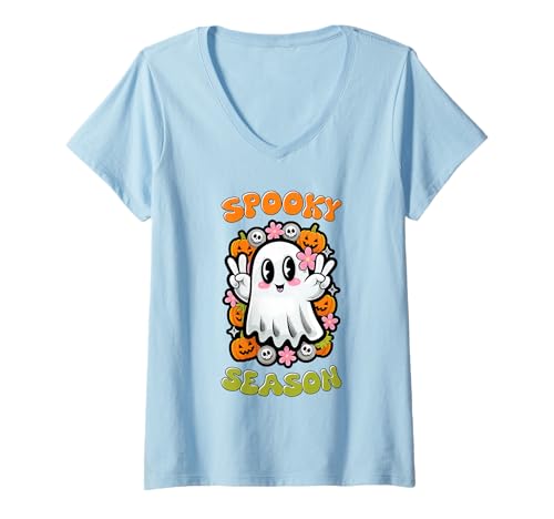 Damen Gruseliges Saison-Shirt, niedliches Geist, Friedenszeichen, Halloween-Grafik T-Shirt mit V-Ausschnitt von Spooky Season Tee Shirts for Halloween and fall