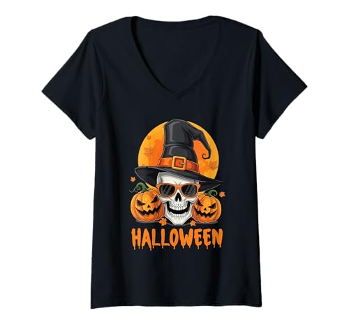 Damen Coole Totenkopf-Hexe mit Kürbissen für Halloween, lustiges Design T-Shirt mit V-Ausschnitt von Spooky Season Vibes by GTSTDesign Store