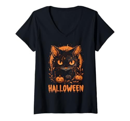 Damen Gruselige Katze und Kürbisse Halloween Vibes Happy Design T-Shirt mit V-Ausschnitt von Spooky Season Vibes by GTSTDesign Store