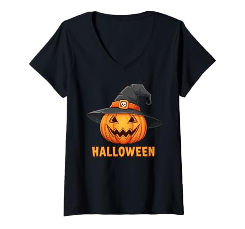 Damen Gruseliger Kürbis mit Hexenhut für Halloween Spaß glücklich T-Shirt mit V-Ausschnitt von Spooky Season Vibes by GTSTDesign Store