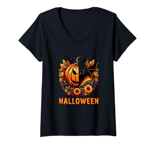 Damen Gruseliger Kürbis und Fledermaus Halloween Feier Design T-Shirt mit V-Ausschnitt Damen Gruseliger Kürbis und Fledermaus Halloween Feier Design T-Shirt mit V-Ausschnitt von Spooky Season Vibes by GTSTDesign Store
