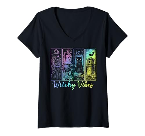 Damen Witchy Vibes Halloween T-Shirt mit V-Ausschnitt Damen Witchy Vibes Halloween T-Shirt mit V-Ausschnitt von Spooky Season
