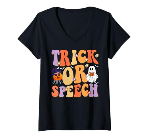 Damen Lustiges Halloween-Geister-Kürbis-Design T-Shirt mit V-Ausschnitt Damen Lustiges Halloween-Geister-Kürbis-Design T-Shirt mit V-Ausschnitt von Spooky Seasonal Speech Designs