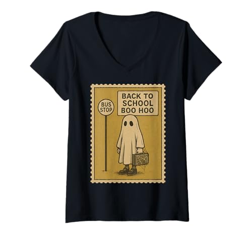 Damen Lustiges Stempel „Back to School Boo Hoo“ mit Gespenstermotiv T-Shirt mit V-Ausschnitt Damen Lustiges Stempel „Back to School Boo Hoo“ mit Gespenstermotiv T-Shirt mit V-Ausschnitt von Spooky Semester Supply Co.