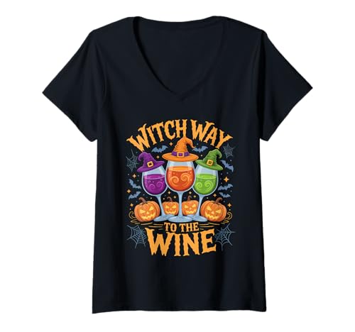 Damen Witch Way to The Wine Lustige Hexen-Halloween-Alkoholliebhaber T-Shirt mit V-Ausschnitt Damen Witch Way to The Wine Lustige Hexen-Halloween-Alkoholliebhaber T-Shirt mit V-Ausschnitt von Spooky Sips Drinking Squad Women Party Matching