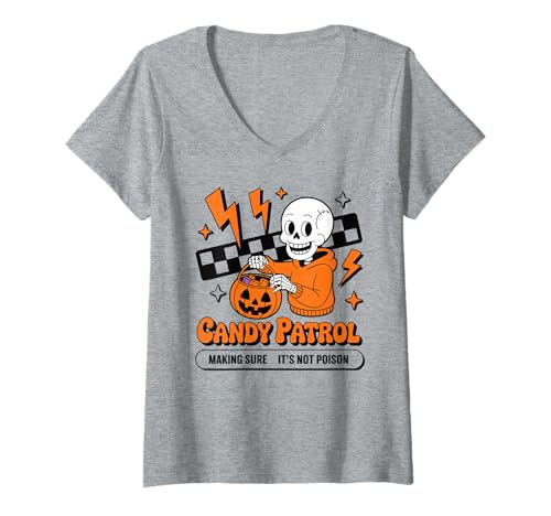Damen Lustiges Candy Patrol Skelett Halloween Trick or Treat Kostüm T-Shirt mit V-Ausschnitt Damen Lustiges Candy Patrol Skelett Halloween Trick or Treat Kostüm T-Shirt mit V-Ausschnitt von Spooky Skeleton Candy Patrol Halloween Apparel Co.
