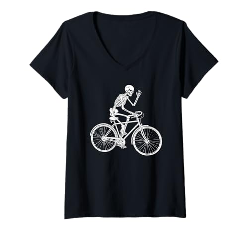 Damen Skelett-Radfahrer winkender Fahrradfahrer Halloween T-Shirt mit V-Ausschnitt Damen Skelett-Radfahrer winkender Fahrradfahrer Halloween T-Shirt mit V-Ausschnitt von Spooky Skeleton Cyclist
