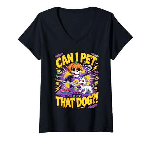 Damen Can I Pet That Dog?! Funny DJ Skeleton Halloween Bootleg T-Shirt mit V-Ausschnitt von Spooky Skeleton Dog Bootleg Halloween Meme