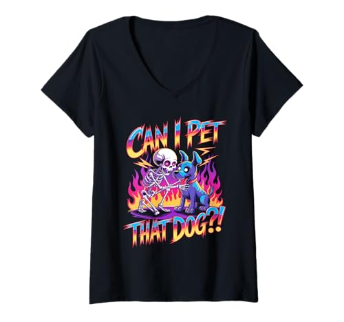 Damen Can I Pet That Dog?! Funny Skeleton Halloween Bootleg T-Shirt mit V-Ausschnitt von Spooky Skeleton Dog Bootleg Halloween Meme