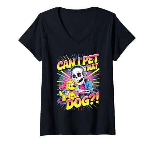 Damen Can I Pet That Dog?! Funny Skeleton Halloween Bootleg T-Shirt mit V-Ausschnitt von Spooky Skeleton Dog Bootleg Halloween Meme