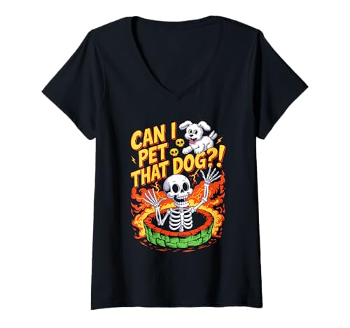 Damen Can I Pet That Dog?! Funny Skeleton Halloween Bootleg T-Shirt mit V-Ausschnitt von Spooky Skeleton Dog Bootleg Halloween Meme
