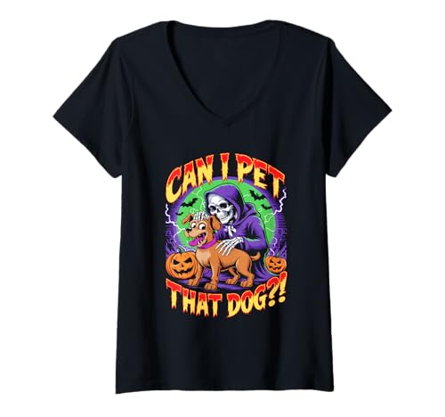 Damen Can I Pet That Dog?! Funny Skeleton Halloween Bootleg T-Shirt mit V-Ausschnitt von Spooky Skeleton Dog Bootleg Halloween Meme