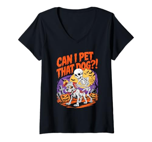 Damen Can I Pet That Dog?! Funny Skeleton Halloween Bootleg T-Shirt mit V-Ausschnitt von Spooky Skeleton Dog Bootleg Halloween Meme