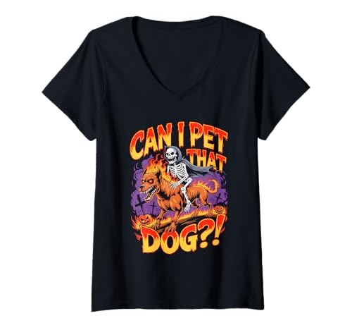 Damen Can I Pet That Dog?! Funny Skeleton Halloween Bootleg T-Shirt mit V-Ausschnitt von Spooky Skeleton Dog Bootleg Halloween Meme